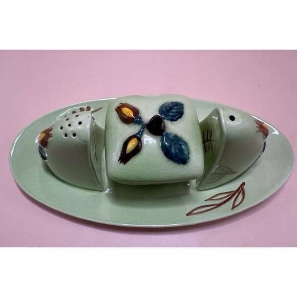 Carlton Ware Cruet Set on Tray Hazelnut 2330 Rare Green Gloss - Picture 2 of 9